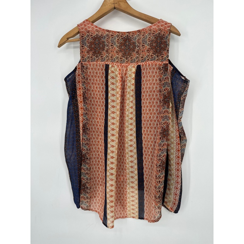 One World Top Women L Button Boho Cold Shoulder Tie Front Medallion Print Sheer - Picture 4 of 9